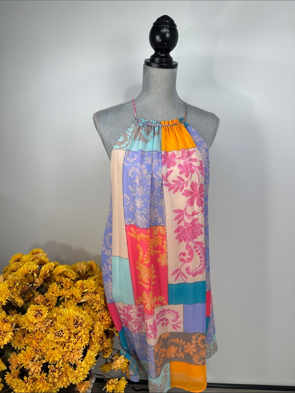 Just Taylor Patchwork Colorblock Floral Halter Sundress - Multicolor